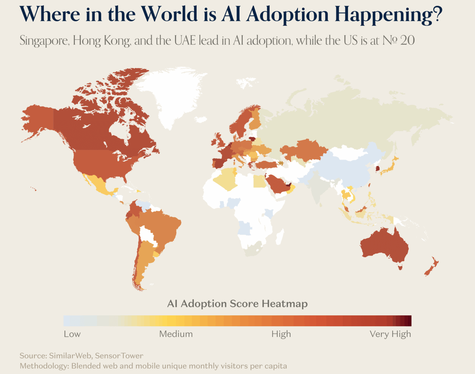 Чем ярче цвет, тем шире распространение ИИ-инструментов среди населения